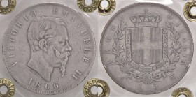 SAVOIA - Vittorio Emanuele II Re d'Italia (1861-1878) - 5 Lire 1866 N Pag. 488; Mont. 169 RRRR AG Sigillata Marco Esposito
MB+/qBB