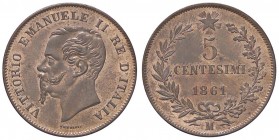 SAVOIA - Vittorio Emanuele II Re d'Italia (1861-1878) - 5 Centesimi 1861 M Pag. 552; Mont. 246 CU Rame rosso
FDC