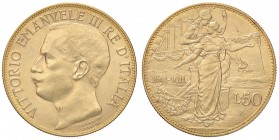 SAVOIA - Vittorio Emanuele III (1900-1943) - 50 Lire 1911 Cinquantenario Pag. 656; Mont. 34 R AU Segnetti al D/
SPL/qFDC