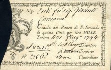 CARTAMONETA - SARDO-PIEMONTESE - Monte di San Secondo Torino - 1.000 Lire 21/06/1794 Gav. 54 RRRRR
qFDS