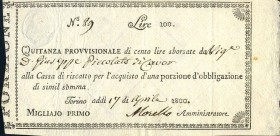 CARTAMONETA - SARDO-PIEMONTESE - Cassa di Riscatto - Torino (1800) - 100 Lire 17/04/1800 Gav. 60 RRR Morello Macchiolina
bello SPL