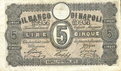 CARTAMONETA - NAPOLI - Fedi di Credito Biglietti - 5 Lire 01/10/1870 Gav. 86 RRR Ascione/Robba/Fiorino
qSPL