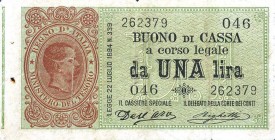 CARTAMONETA - BUONI DI CASSA - Umberto I (1878-1900) - Lira 02/08/1894 - Serie 33-52 Alfa 3; Lireuro 2A RRR Dell'Ara/Righetti Forellini
BB+