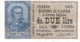 CARTAMONETA - BUONI DI CASSA - Umberto I (1878-1900) - 2 Lire 13/07/1898 - Serie 65-69 Alfa 26; Lireuro 6F RRRR Dell'Ara/Righetti Con certificato Numi...