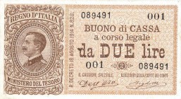 CARTAMONETA - BUONI DI CASSA - Vittorio Emanuele III (1900-1943) - 2 Lire 19/08/1914 - Serie 1-20 Alfa 30; Lireuro 7A R Dell'Ara/Righetti
SPL-FDS