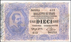 CARTAMONETA - BIGLIETTI DI STATO - Umberto I (1878-1900) - 10 Lire 06/08/1889 - Serie 341-490 Alfa 73; Lireuro 16B RRRR Dell'Ara/Pia Stirato
BB+