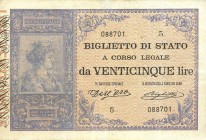 CARTAMONETA - BIGLIETTI DI STATO - Umberto I (1878-1900) - 25 Lire 21/07/1895 Alfa 95; Lireuro 20A RRRRR Dell'Ara/Righetti; con matrice laterale
qBB