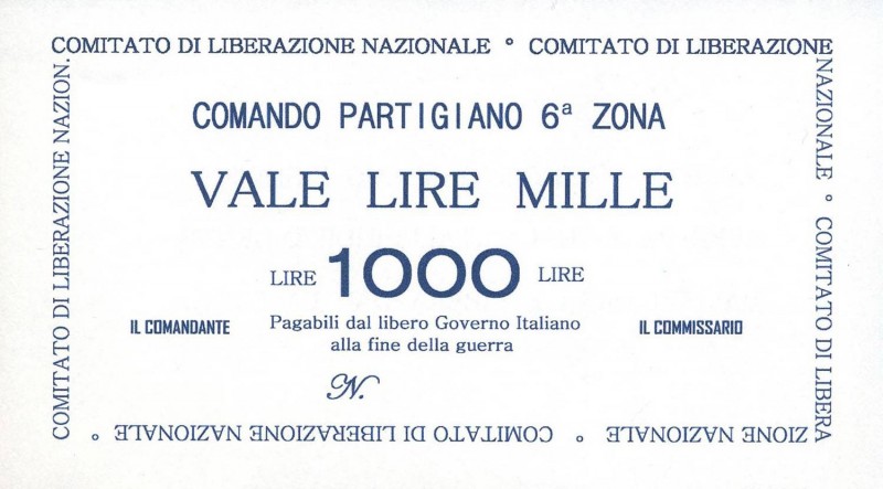 CARTAMONETA - BUONI PARTIGIANI - Piemonte - 1.000 Lire 1944 Gav. 2 RRR Comando P...