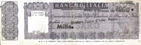 CARTAMONETA - MONETAZIONE D'EMERGENZA - Repubblica Sociale (1943-1945) Gav. 1168 RRR Banca d'Italia - 1000 Lire 10/11/1944 Restauro in basso e piccolo...