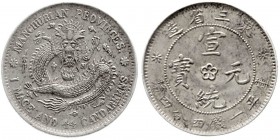 China
Qing-Dynastie. Pu Yi (Xuan Tong), 1908-1911
20 Cents (1 Mace and 4.4 Candareens) o.J.(1908) Manchurian Provinces, ohne Punkt in Rosette.
vorz...