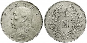 China
Republik, 1912-1949
Dollar (Yuan) Jahr 3 = 1914. Präsident Yuan Shih-kai.
sehr schön/vorzüglich, Randfehler, scharf gereinigt