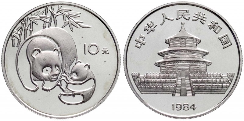 China
Volksrepublik, seit 1949
10 Yuan Panda 1984. Panda mit Jungtier. In Kaps...