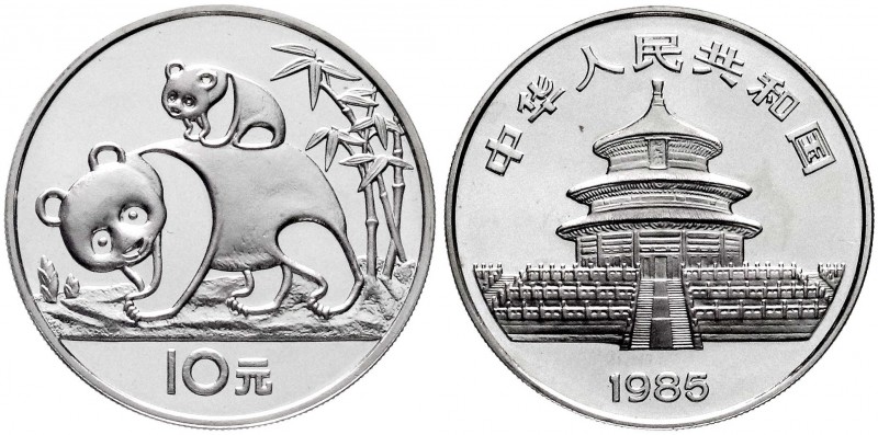 China
Volksrepublik, seit 1949
10 Yuan Panda 1985. Panda mit Jungem auf dem Rü...