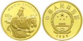 China
Volksrepublik, seit 1949
100 Yuan GOLD 1989 Temujin (Chinggis) Khan der Mongolen. 10,38 g. Feingold. In original Holzschatulle mit Zertifikat....