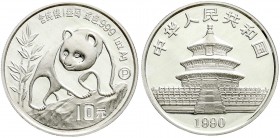 China
Volksrepublik, seit 1949
10 Yuan Panda 1990. Panda beim Besteigen eines Felsens. Mit Beizeichen P. In Kapsel.
Polierte Platte