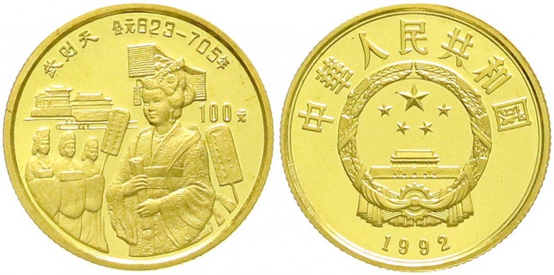 China
Volksrepublik, seit 1949
100 Yuan GOLD 1992. Wu Zetian. 10,38 g. Feingol...