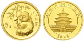 China
Volksrepublik, seit 1949
5 Yuan GOLD 1995. Hüftbild eines Pandas mit Bambuszweig. 1/20 Unze Feingold. Small Date.
Stempelglanz, winz. Kratzer...