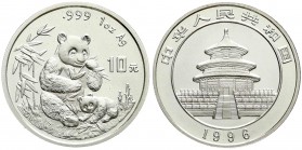 China
Volksrepublik, seit 1949
10 Yuan Panda 1996. Panda mit Jungtier. Large Date. In Kapsel.
Stempelglanz