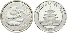 China
Volksrepublik, seit 1949
10 Yuan Panda (1 Unze Silber) 2000. Sitzender Panda mit Bambuszweig. In Kapsel.
Stempelglanz