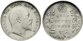 Indien
Edward VII., 1901-1910
1/2 Rupee 1905. fast Stempelglanz, Prachtexemplar, selten in dieser Erhaltung