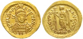 Kaiserzeit
Leo I., 457-474
Solidus 457/474 Constantinopel, 9. Offizin. Brb. v.v. mit Helm/VICTORIA AVGGG Θ CONOB. Victoria steht l., hält Langkreuz....