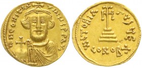 Kaiserreich
Constans II., 641-668
Solidus 654/659 Constantinopel, 5. Offizin. Brb. v.v./ Stufenkreuz. 4,27 g.
vorzüglich, kl. Kratzer
Ex. Artemide...