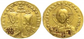 Kaiserreich
Constantin VII. und Romanus II., 945-959
Solidus 945/959. Beider Hüftbilder v.v./Christusbüste. 4,35 g.
sehr schön
Ex. Münzzentrum Rhe...