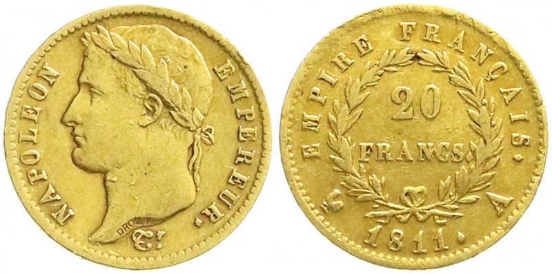 Frankreich
Napoleon I., 1804-1814/15
20 Francs 1811 A, Paris. 6,45 g. 900/1000...