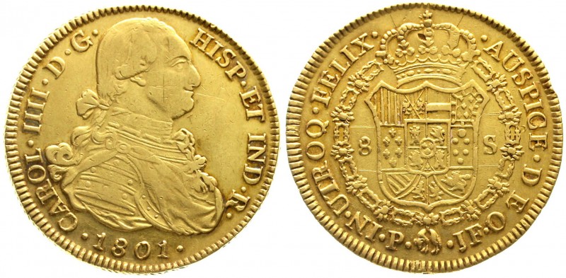 Kolumbien
Spanisch, bis 1819
8 Escudos 1801 P JF, Bogota. Mit Titel Karl IIII....