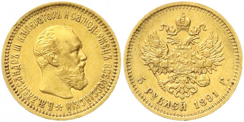 Russland
Alexander III., 1881-1894
5 Rubel 1891, St. Petersburg. 6,45 g. 900/1...