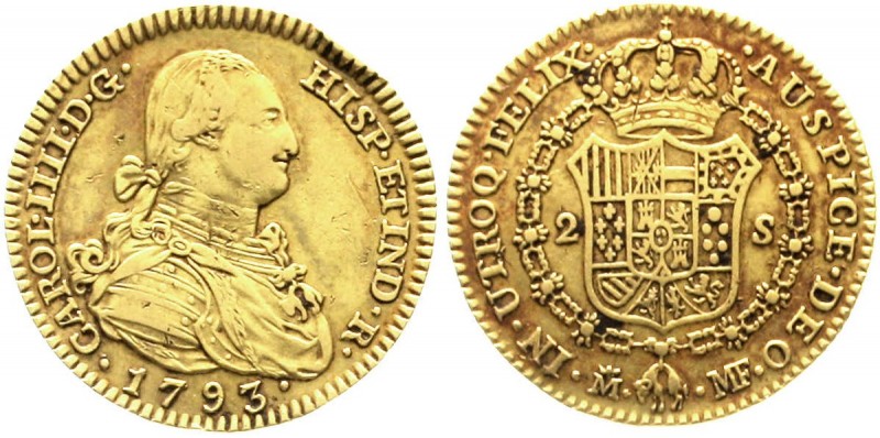 Spanien
Carlos III., 1759-1788
2 Escudos 1793 gekr. M, MF. Madrid. 6,68 g. 875...