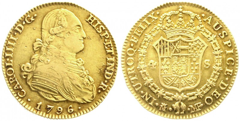 Spanien
Carlos IV., 1788-1808
4 Escudos 1796 MF, Madrid. 13,46 g. 875/1000.
g...