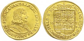 Brandenburg-Ansbach
Albrecht, 1639-1667
Dukat 1651, Nürnberg. Brb. r./13-feldiges Wappen unter Kurhut. 3,49 g.
vorzüglich/Stempelglanz, min. gewell...