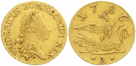 Brandenburg-Preußen
Friedrich II., 1740-1786
Friedrichs d'or 1786 A, Berlin. 6,63 g.
gutes sehr schön, seltenes Jahr