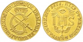 Sachsen-Albertinische Linie
Johann Georg I., 1615-1656
Sophiendukat 1616. Adler mit zweifacher Federnreihe, verm. spätere Prägung. 3,48 g.
vorzügli...