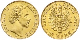 Bayern
Ludwig II., 1864-1886
10 Mark 1877 D. vorzüglich, leichte Fassungsspuren