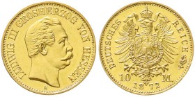 Hessen
Ludwig III., 1848-1877
10 Mark 1872 H. fast Stempelglanz/Erstabschlag, selten in dieser Erhaltung