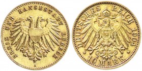 Lübeck
Freie und Hansestadt
10 Mark 1904 A. Wappen.
vorzüglich