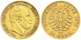 Preußen
Wilhelm I., 1861-1888
20 Mark 1874 C. 8 in der Jahreszahl oben offen.
fast vorzüglich, selten