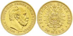 Preußen
Wilhelm I., 1861-1888
20 Mark 1888 A. 3 Kaiserjahr.
vorzüglich, winz. Kratzer
