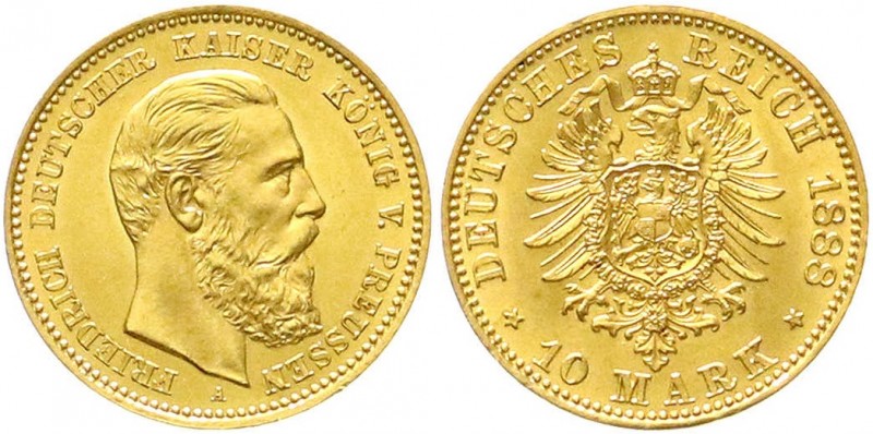 Preußen
Friedrich III., 1888
10 Mark 1888 A. fast Stempelglanz, Prachtexemplar...