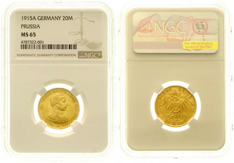 Preußen
Wilhelm II., 1888-1918
20 Mark 1915 A. Kaiser in Uniform. Im NGC-Blist...