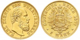 Württemberg
Karl, 1864-1891
5 Mark 1877 F. vorzügliches Prachtexemplar
