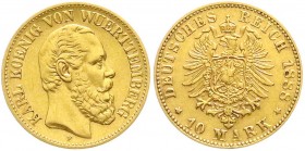 Württemberg
Karl, 1864-1891
10 Mark 1888 F. gutes sehr schön
