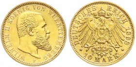 Württemberg
Wilhelm II., 1891-1918
10 Mark 1898 F. vorzüglich, kl. Kratzer und Randfehler aus EA