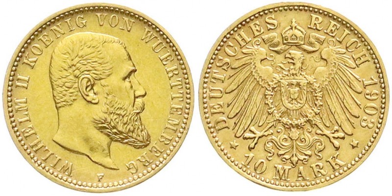 Württemberg
Wilhelm II., 1891-1918
10 Mark 1903 F. sehr schön