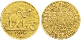 Deutsch-Ostafrika
Notmünzen aus Tabora, 1916
15 Rupien 1916 T. Elefant. Grosse Arabeske endet unter A.
vorzüglich, Randfehler, überdurchschnittlich...