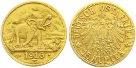 Deutsch-Ostafrika
Notmünzen aus Tabora, 1916
15 Rupien 1916 T. Elefant. Grosse Arabeske endet unter A.
fast vorzüglich, Rand wie üblich etwas übera...