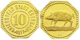 Eberbach (Baden)
Gold-Abschlag vom 10 Pfennig-Stück (achteckig) 1917. Rs. Punze 999. 3,72 g.
Erstabschlag/Stempelglanz, äußerst selten