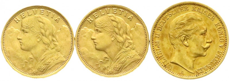 3 Goldmünzen: Preußen 20 Mark 1907, Schweiz 20 Franken Vreneli 1935 und 1947.
s...